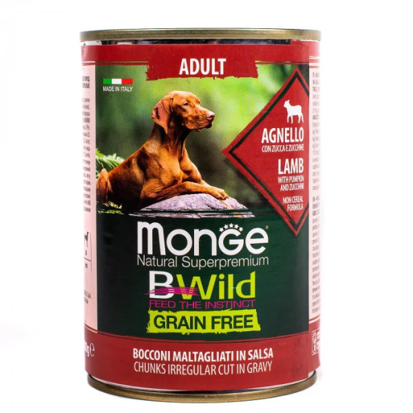 Вологий корм для собак Monge Dog Wet Bwild Grain Free Adult ягня, гарбуз та цукіні, 400 г