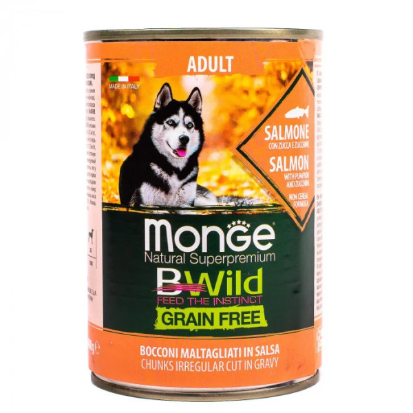Вологий корм для собак Monge Dog Wet Bwild Grain Free Adult лосось, гарбуз та цукіні, 400 г