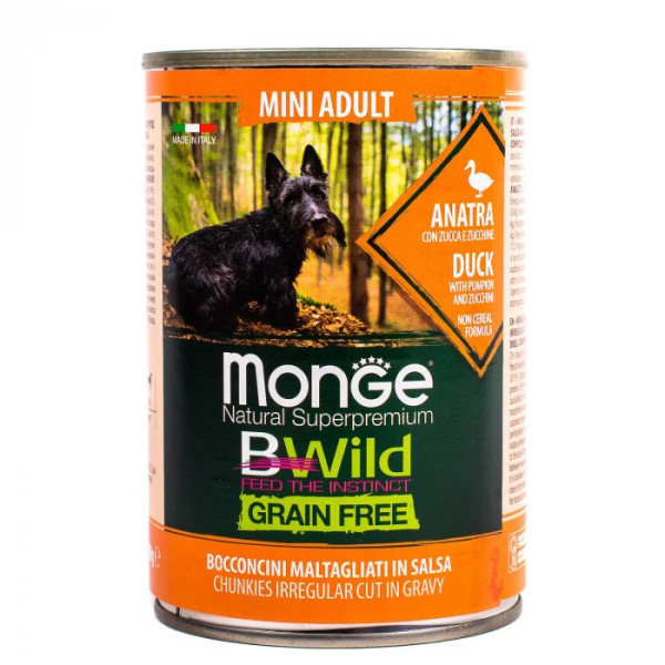 Вологий корм для собак Monge Dog Wet Bwild Grain Free Mini Adult качка, гарбуз та цукіні, 400 г
