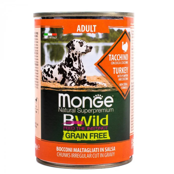 Вологий корм для собак Monge Dog Wet Bwild Grain Free Adult індичка, гарбуз та цукіні, 400 г