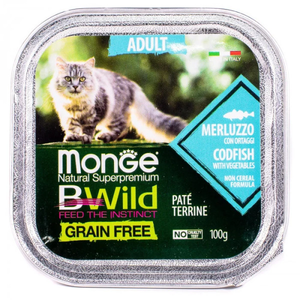 Вологий корм для котів Monge Cat Wet Bwild Grain Free Adult тріска з овочами, 100 г