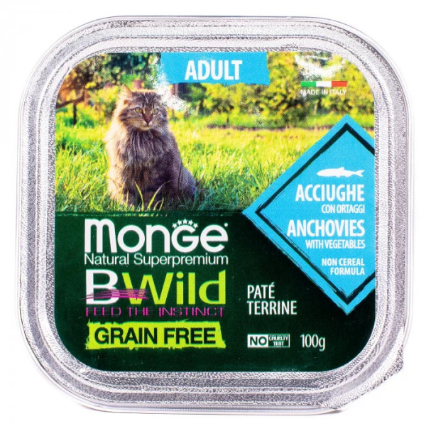 Вологий корм для котів Monge Cat Wet Bwild Grain Free Adult анчоус з овочами, 100 г