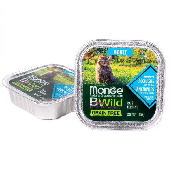 Вологий корм для котів Monge Cat Wet Bwild Grain Free Adult анчоус з овочами, 100 г