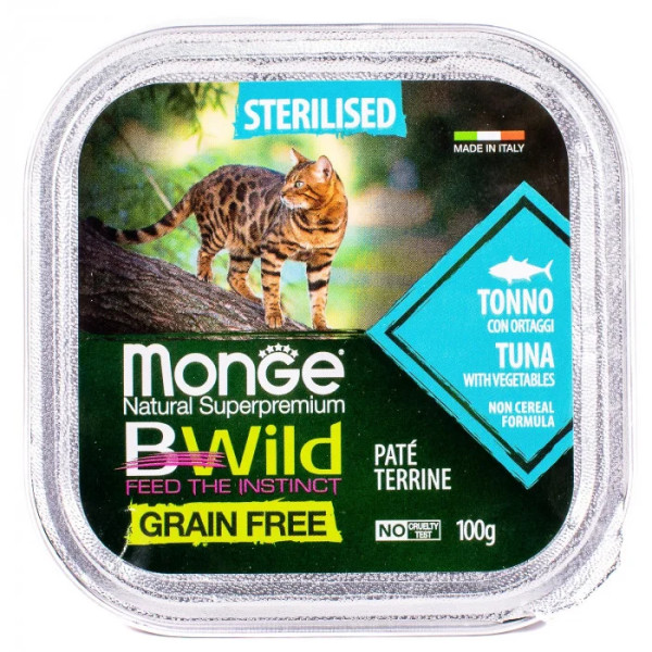Вологий корм для котів Monge Cat Bwild Grain Free Wet Sterilised тунець з овочами, 100 г