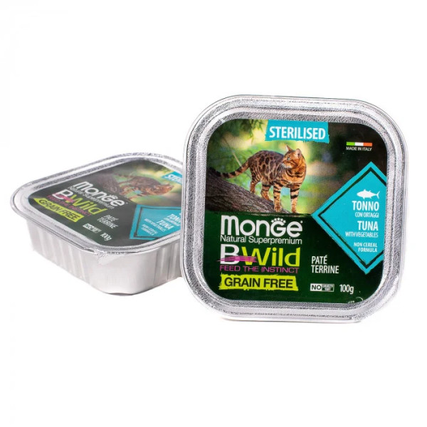 Вологий корм для котів Monge Cat Bwild Grain Free Wet Sterilised тунець з овочами, 100 г