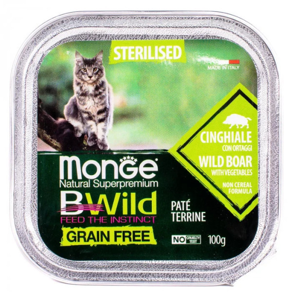 Вологий корм для котів Monge Cat Wet Bwild Grain Free Wet Sterilised кабан з овочами, 100 г