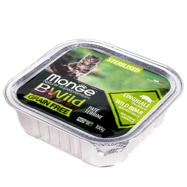Вологий корм для котів Monge Cat Wet Bwild Grain Free Wet Sterilised кабан з овочами, 100 г