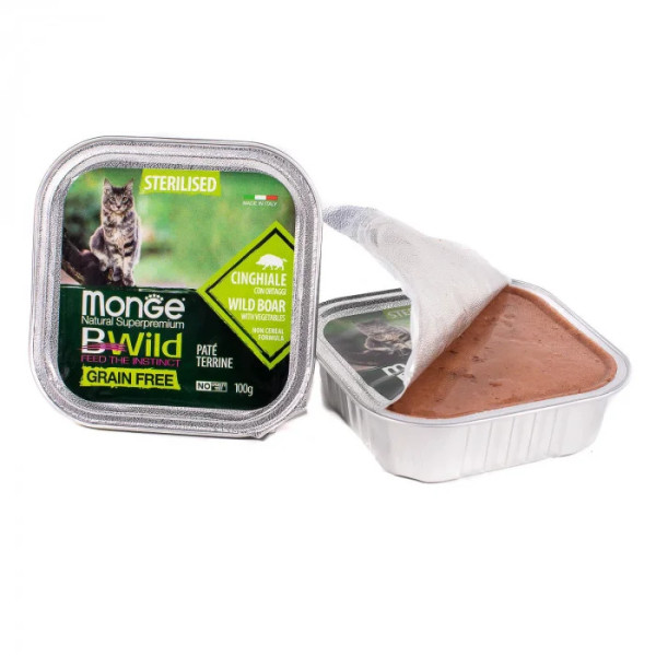 Вологий корм для котів Monge Cat Wet Bwild Grain Free Wet Sterilised кабан з овочами, 100 г