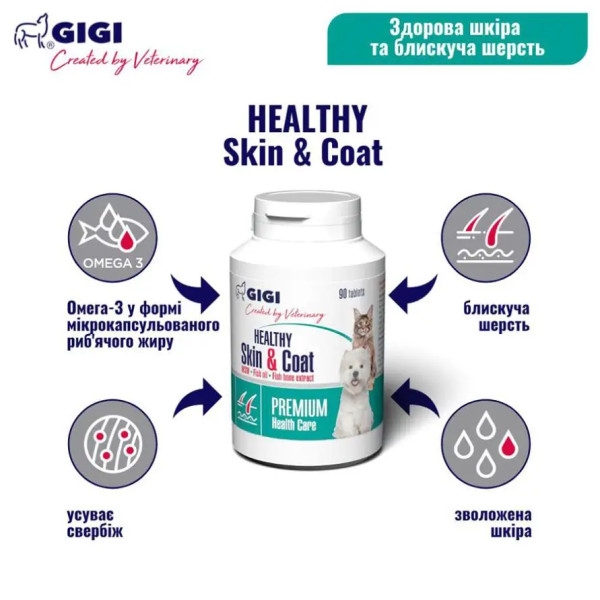 Таблетки GiGi Cod-Omega-Plus Healthy Skin & Coat Код-Омега-Плюс для шкіри та шерсті собак та котів, 90 таб