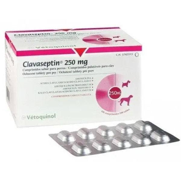 Таблетки Vetoquinol Clavaseptin Клавасептин 250 мг, для котів та собак при захворюваннях шкіри (аналог Синулокс)