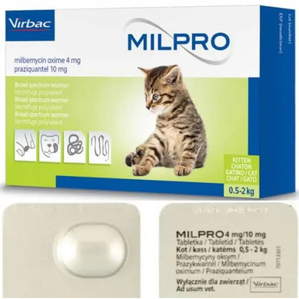 Таблетки Virbac Milpro Мілпро антигельмінтні, для кошенят і котів до 2 кг, 4 мг/10 мг, 1 таб