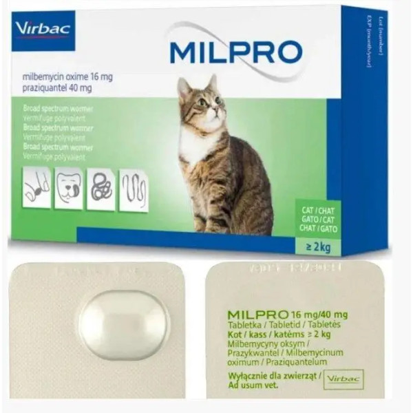 Таблетки Virbac Milpro Мілпро антигельмінтні, для котів 2 - 8 кг, 16 мг/40 мг, 1 таб