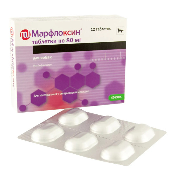Таблетки KRKA Marfloxin Марфлоксин антибактеріальні для собак та котів, 12 таб/80 мг