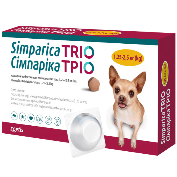 Таблетки Zoetis Simparica Trio Сімпаріка Тріо від бліх, кліщів, гельмінтів для собак 1,25-2,5 кг, 3 таб