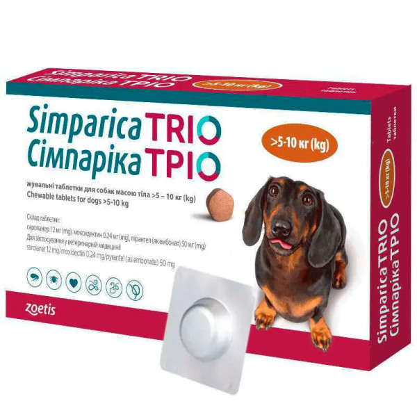 Таблетки Zoetis Simparica Trio Сімпаріка Тріо від бліх, кліщів, гельмінтів для собак 5-10 кг, 3 таб