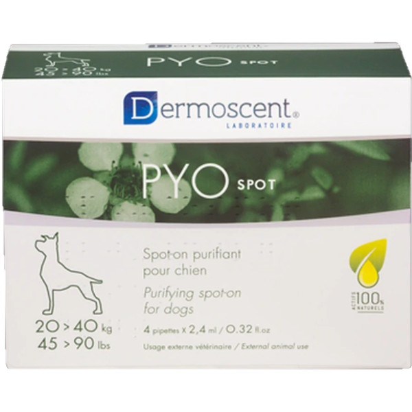 Антибактеріальні краплі Dermoscent PYOspot® для очищення, контроль шкірних інфекцій, для собак 20-40 кг, 4х2,4 мл